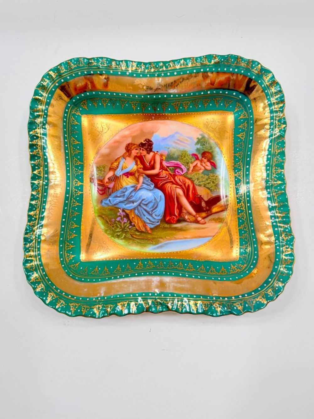 Royal‎ Vienna Beehive Mark Antique Square Bowl Dish Muse Cupid Gold Green 9.75”